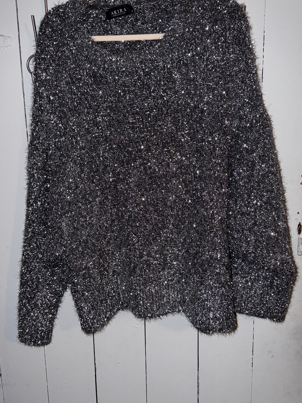 AKIRA Silver Sparkle Fuzzy Crewneck Sweater